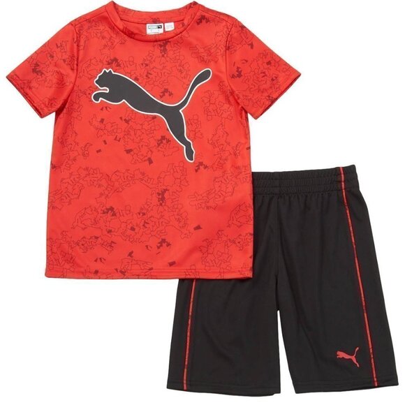 NWT - PUMA Youth Active Shorts High Risk Red Logo (Tee & Black Shorts) - Size 5 - Picture 1 of 4